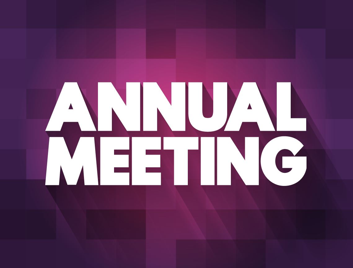 puple box with the words "Annual meeting" in white letters