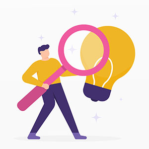 Illustration of a person carrying a magnifying glass to find a light bulb