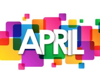 The word April in white font against a background of lots of coloured bright boxes
