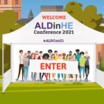 a picture of the aldcon homepage on the website. It features a white marquee with an illustration of delegates and the word enter.