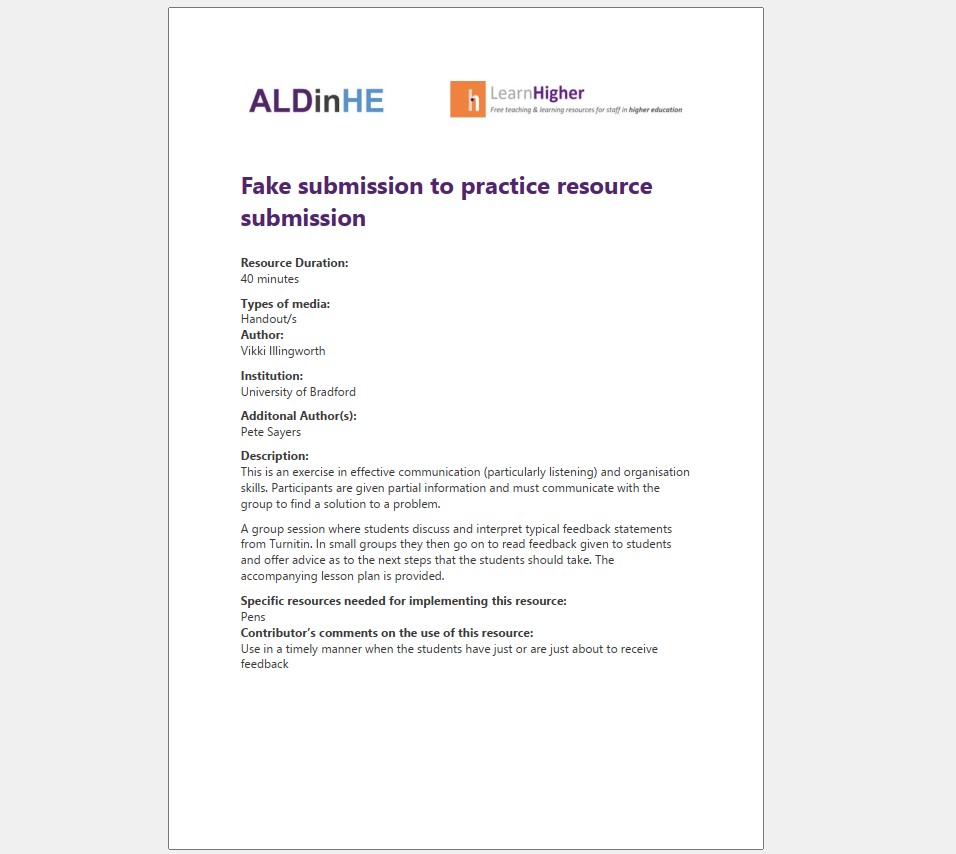 Fake submission to practice resource submission