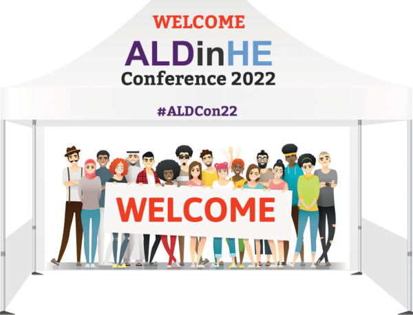 ALDcon22 tent with a diverse group of people holding a welcome banner