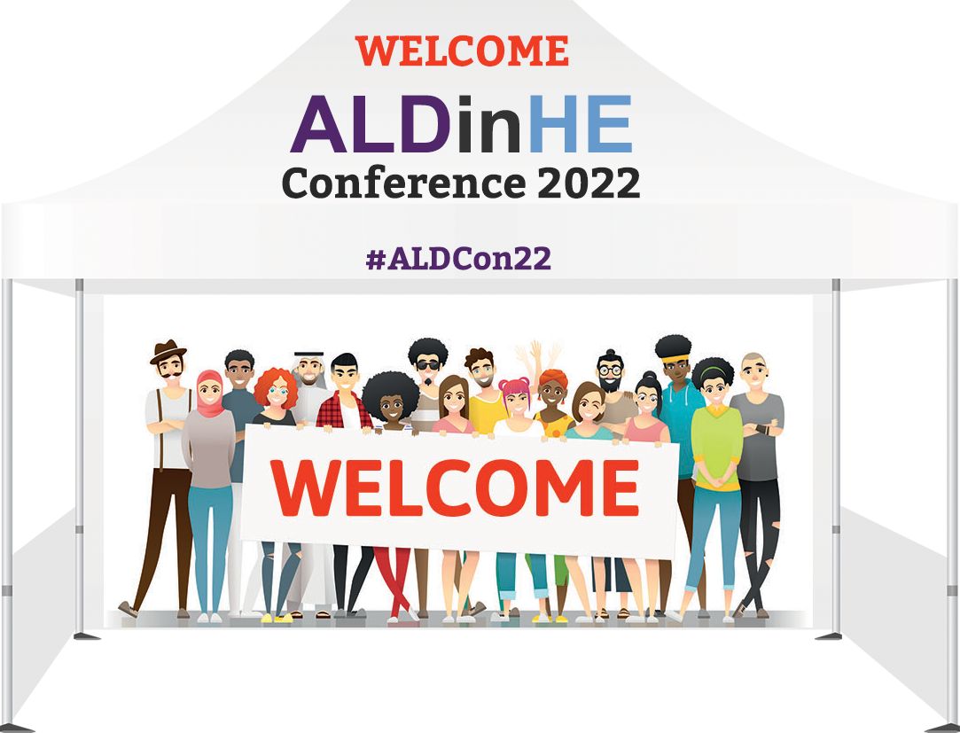 ALDcon22 tent with a diverse group of people holding a welcome banner