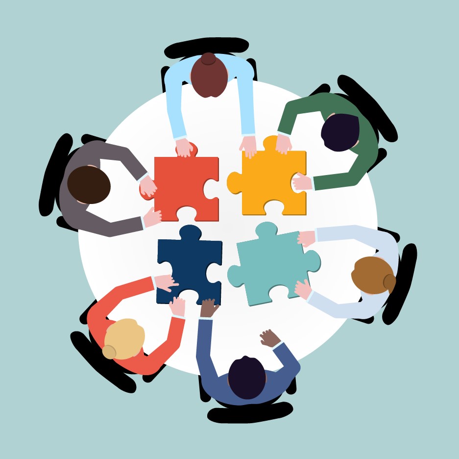 illustration of six people around a table piecing together four pieces of a jigsaw puzzle in a workshop activity.