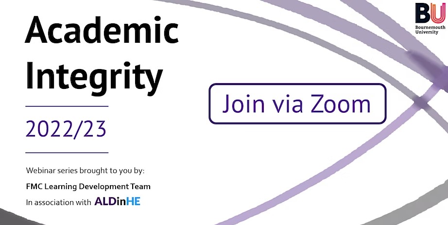 banner showing the webinar series title 'Academic Integrity' and stating join via zoom 