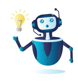 blue robot with lightbulb representing ideas