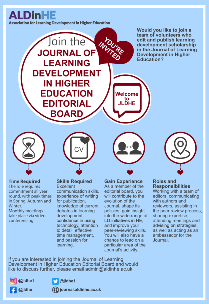 A poster inviting people to join the JLDHE editorial board