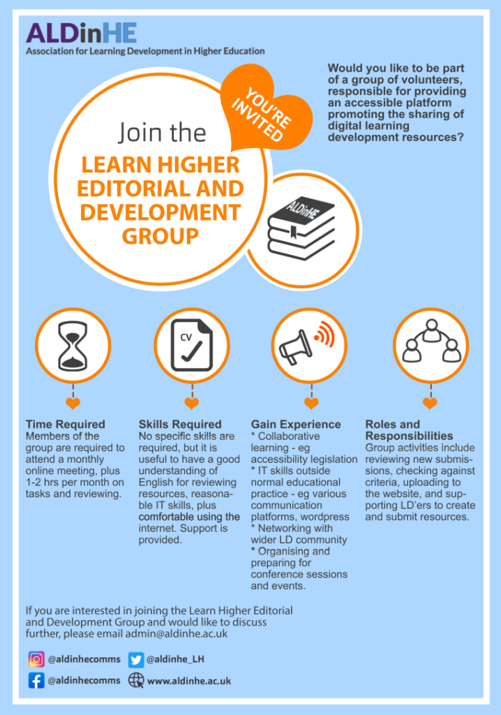 poster inviting people to join the Learn Higher editorial and development group