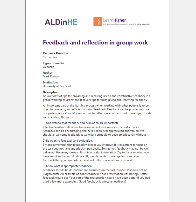 Feedback and reflection in group work