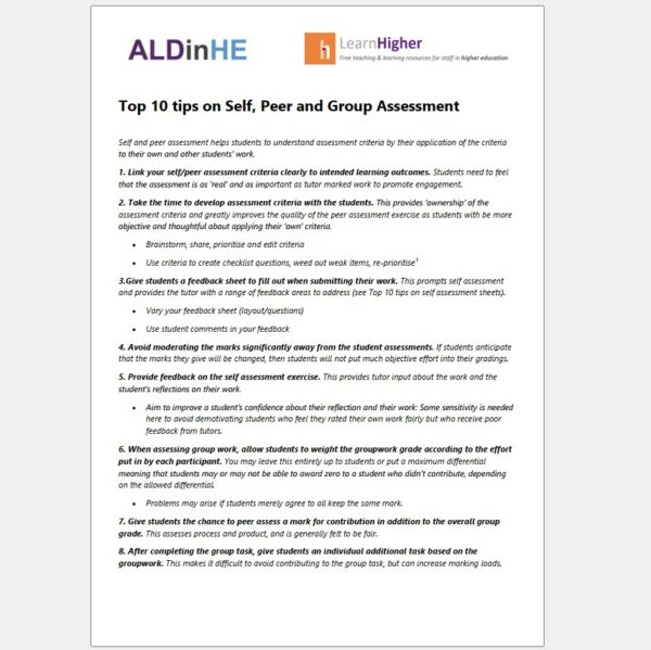 Top 10 tips on Self, Peer and Group Assessment