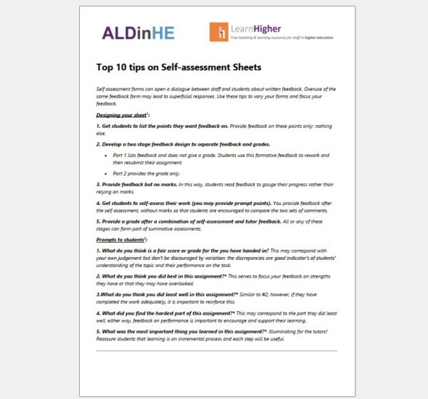 Top 10 tips on Self-assessment Sheets
