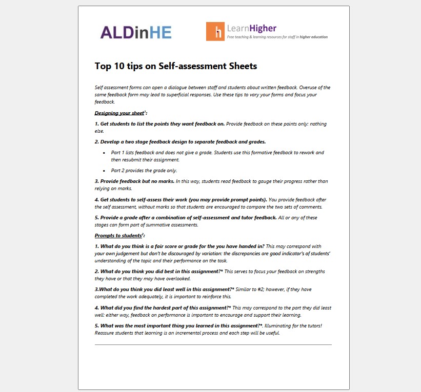 Top 10 tips on Self-assessment Sheets