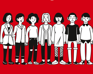 an illustration of a row of people standing against a red background