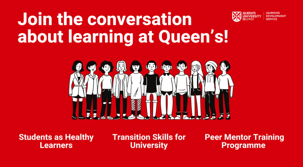 Event banner invited Learning Developers to join the conversation about learning at Queen's. There is an illustration of a row of standing people. 
