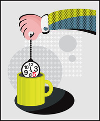 Illustration of a cup of tea with the tea bag represented as a clock showing 5 minutes.