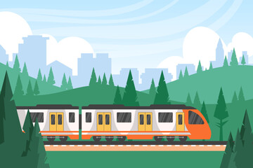 illustration of a train travelling through the countryside
