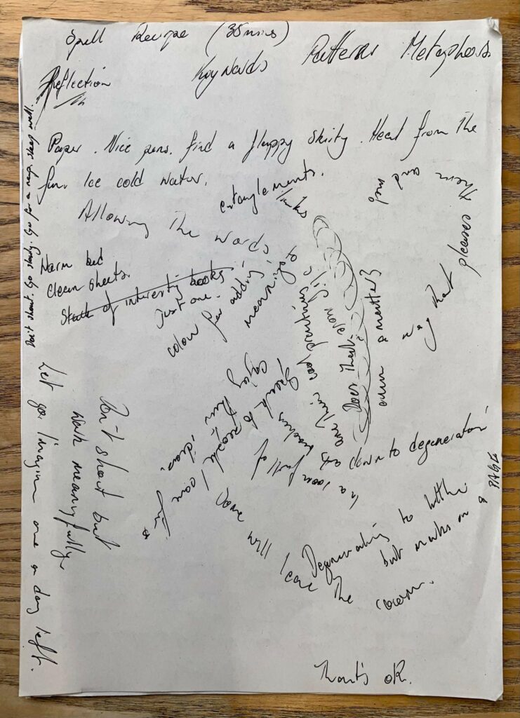 ‘Spell recipe’ from writing practices workshop at GSA Saturday 10th June 2023