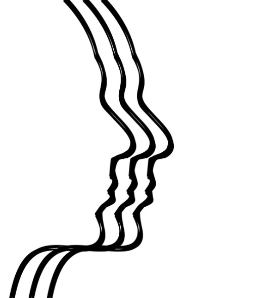 Silhouette of three heads overlapping representing head, brain and thoughts.