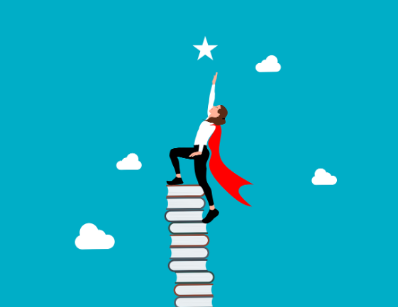 illustration of a person wearing a cape standing on books and reaching for the stars.